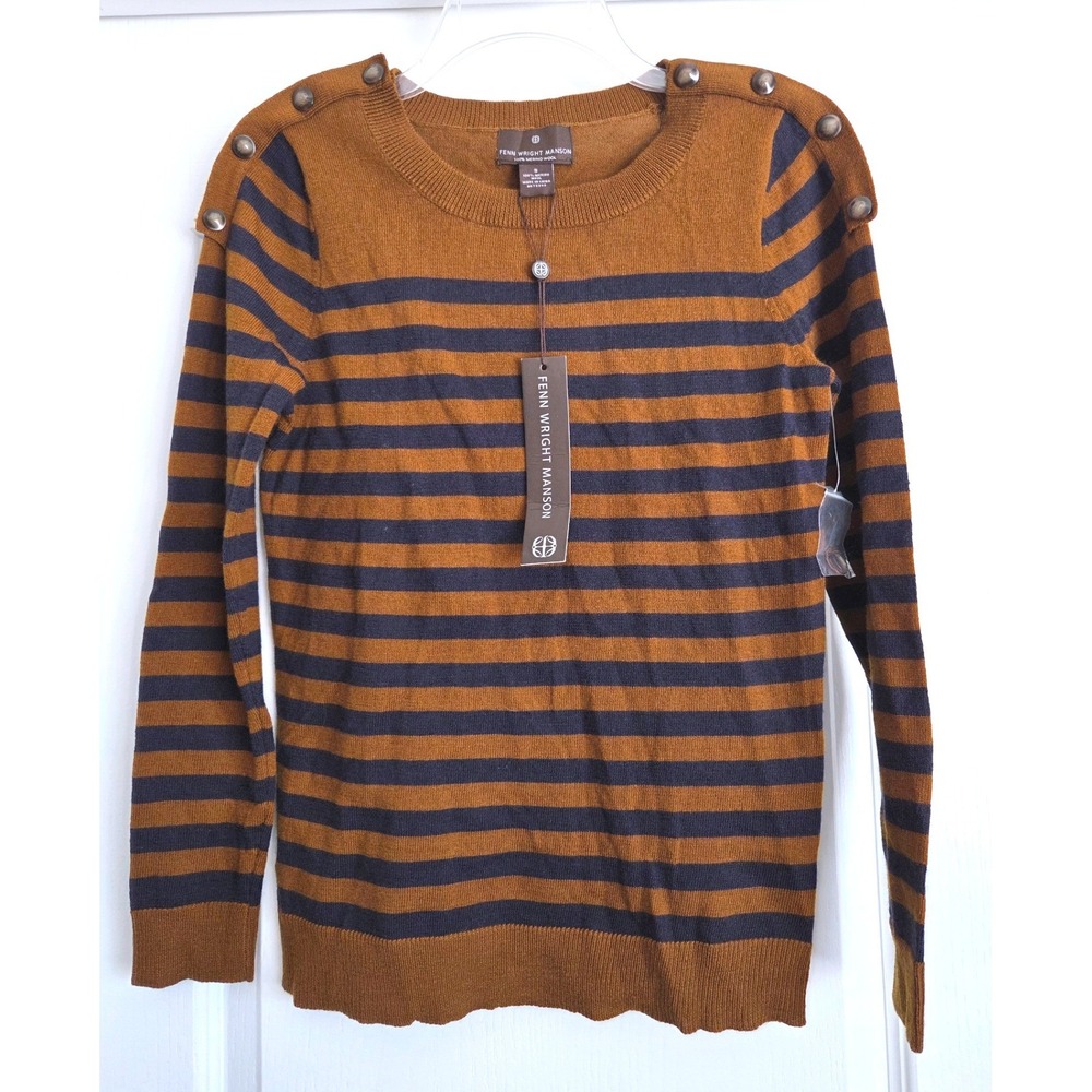 Fenn Wright Manson Merino Wool Striped Sweater Brown Navy Blue Button Shoulder S
